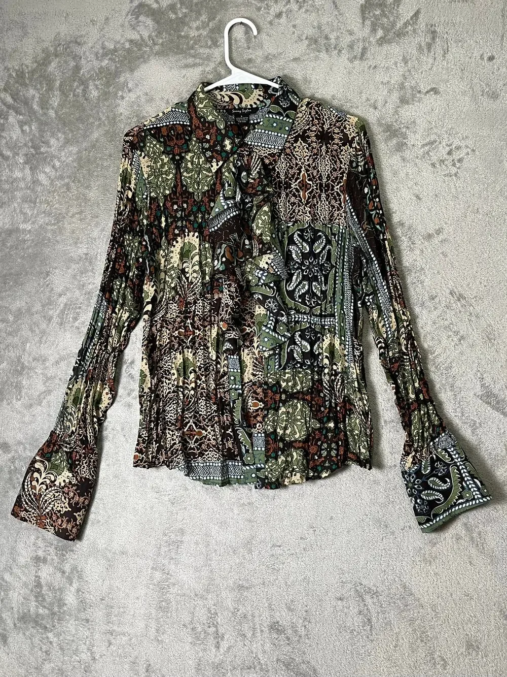 Vintage Y2K Patchwork Paisley Button Down Blouse Flare Cuff Boho Fairy Grunge